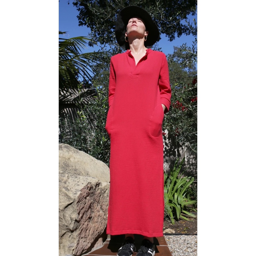 Essentia by Susan Tyler poppy tunic Red Double Gauze Cotton Midi Dress Pockets L
